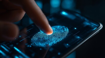 Modern Digital Fingerprint Scanning Technology on Smartphone Screen Blue Light Futuristic Biometric Authentication Secure Access Mobile Security System Innovative User Interface   