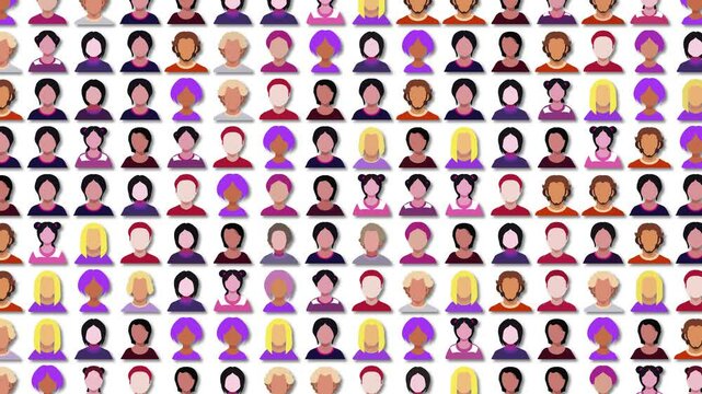 Grid of user icon faceless avatars animated morphing one into another loopable 4K animation