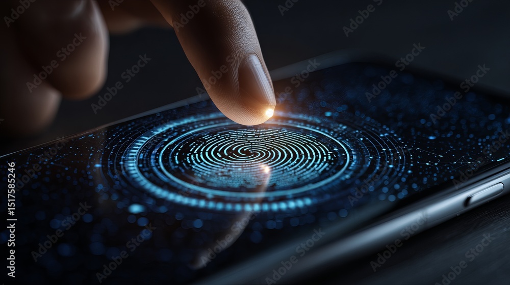 Poster digital fingerprint scanning on modern smartphone screen futuristic technology biometric authenticat
