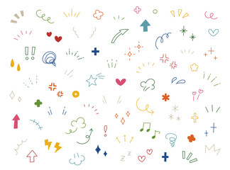 手描き風の落書きベクター素材セット 　 イラスト　矢印　ハート　雲　線画　記号　飾り　アイコン