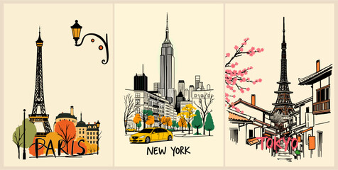 Creative retro travel posters set featuring Tokyo, Paris, and New York. Hand-drawn colored ink sketch style perfect for vintage travel designs, souvenirs, and tourism themed projects.