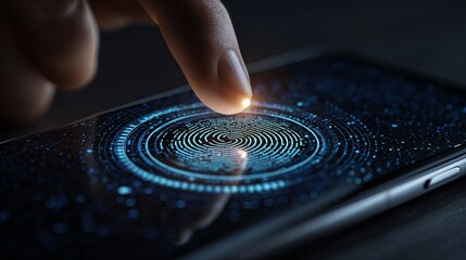 Digital Fingerprint Scanning on Modern Smartphone Screen Futuristic Technology Biometric Authentication Secure Access Mobile Security System Cybersecurity Data Protection Privacy  