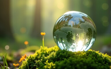 Crystal globe glass on green moss in forest to protect nature Save and care World for sustainable. concept of the environment ecology and Earth Day. eco environment and ESG concept. High quality