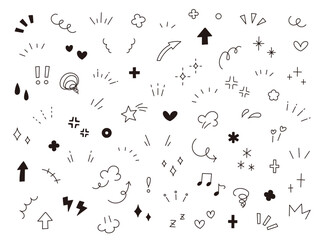 手描き風の落書きベクター素材セット 　 イラスト　矢印　ハート　雲　線画　記号　飾り　アイコン