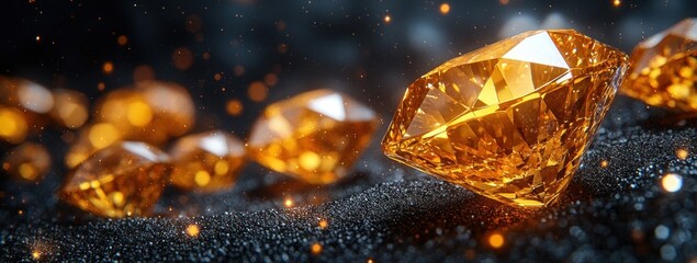 Sparkling, amber gems resting on dark surface.