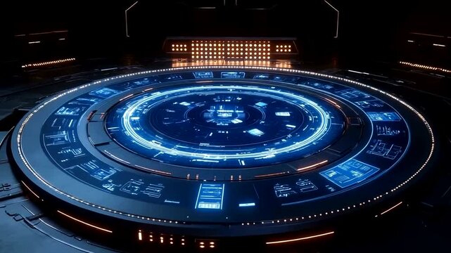 Futuristic circular control panel with glowing displays.  Detailed interface shows various data and control systems