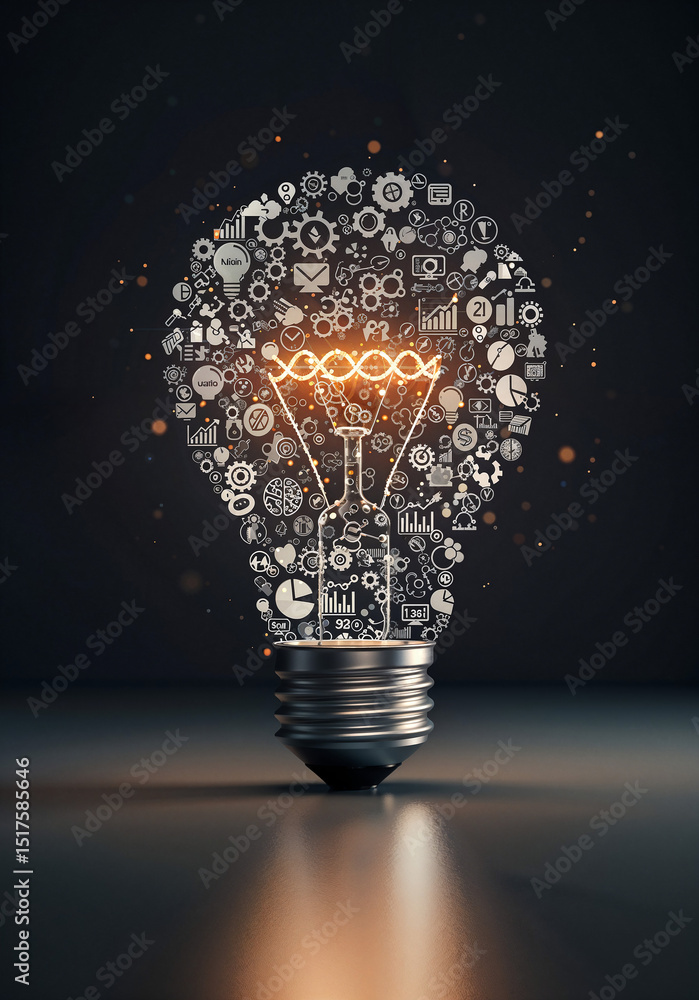 Poster light bulb made of many icons and elements, idea symbol, business development concept . generative a