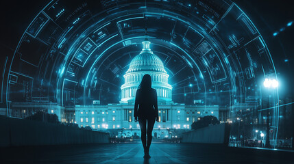 Silhouetted Woman Facing Futuristic U.S. Capitol Enclosed in Digital Interface – Concept of Cyber Governance, Tech-Powered Democracy, Digital Control, and AI-Driven Political Systems

