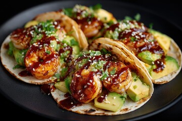 Close-up of three shrimp tacos on a dark plate.  Each taco is filled with grilled shrimp, sliced avocado, and a drizzle of dark sauce, garnished with sesame seeds and chopped cilantro
