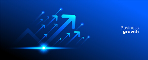 Business growth arrow on dark blue technology background with futuristic light effect for presentation