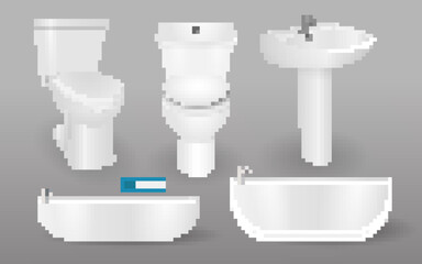 set of realistic bathroom toilet or sink white bathtub washroom isolated. eps vector
