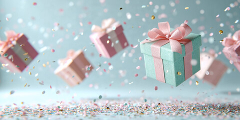 Colorful gift boxes floating with confetti on light icy blue background  
