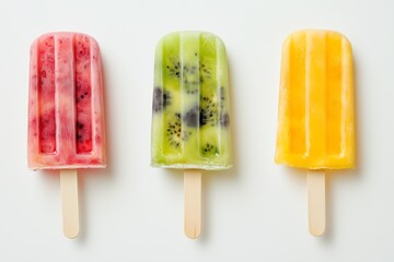 Colorful watercolor fruit popsicles displayed on a white background, showcasing fresh flavors and vibrant hues perfect for a summer treat