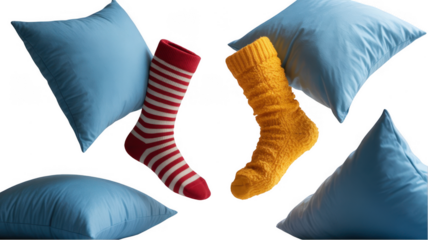 Knitted yellow and striped red and white socks floating among light blue pillows create a cozy, whimsical scene against a transparent background, ideal for winter themes