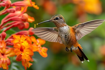 Naklejka premium Hummingbird in Full Flight Captured MidFeed from a Vibrant Flower