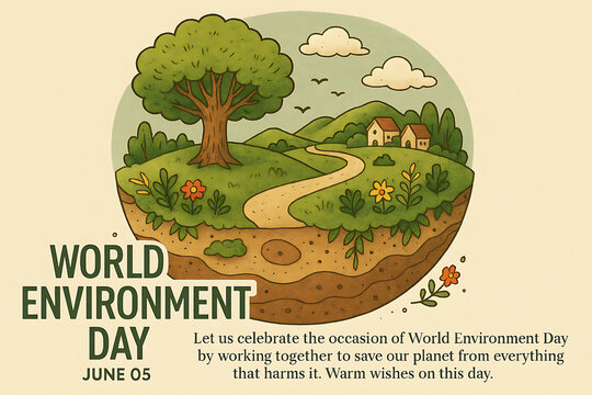 Celebrate World Environment Day with this charming illustration of a peaceful village nestled in a vibrant green landscape, promoting environmental awareness and global unity.