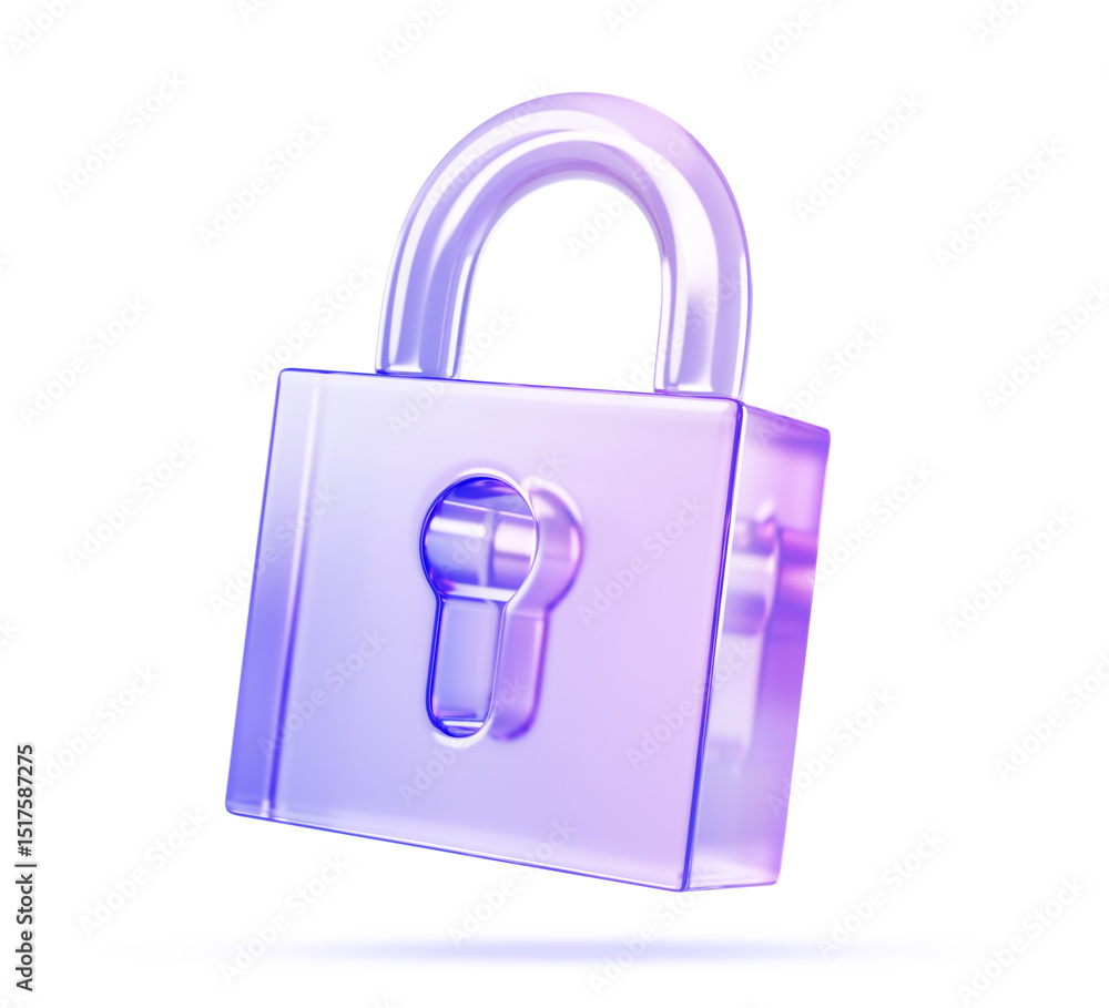Poster 3d glass holographic transparent padlock icon render. crystal lock with blue purple gradient and key