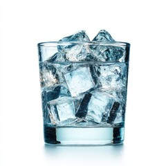 Clear glass tumbler filled with ice cubes and water