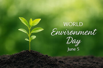 A vibrant young plant sprouts from rich soil against a lush green backdrop celebrating World Environment Day June fifth promoting sustainability and eco-friendly practices