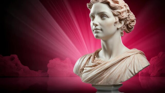 White marble female bust, a classical statue of a woman with red abstract background light, artistic concept.