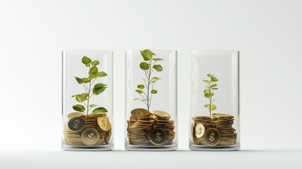 Lucky bamboo and a money tree are growing from a pile of coins showing a green and gold symbol of financial growth and investment success