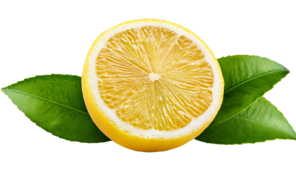 Fresh lemons with leaves, cut in half, and vibrant yellow color.