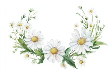 Obraz premium Floral watercolor illustration featuring chamomile daisies arranged in a wildflower wreath suitable for spring wedding invitations and decorative purposes