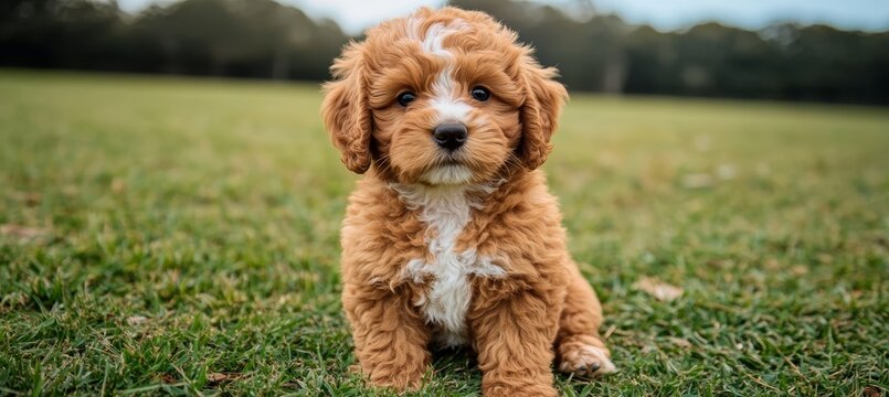 Adorable Brown Cavoodle Puppy Sitting Calmly on Green Grass, Enjoying the Sunny Summer Days Outdoors