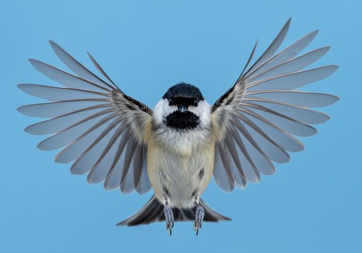 A black capped chickadee takes flight, wings outstretched against a blue sky