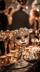 Steampunk masquerade party with guests wearing elegant masks, intricate metalwork decor, and a blend of classical and industrial music setting the tone