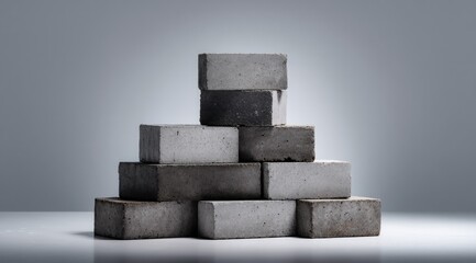 A pyramid-shaped stack of rectangular concrete blocks sits on a reflective surface against a neutral backdrop, showcasing variations in color and texture
