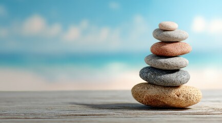 A carefully balanced stack of smooth, multicolored stones rests on a light wood surface against a blurred beach scene
