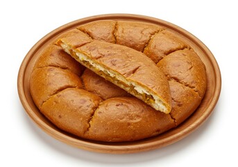 Appetizing pie on a wooden platter, showcasing golden crust and delectable filling