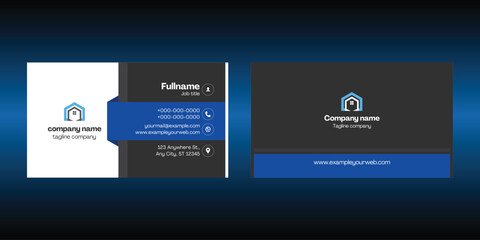 A blue and white business card premium with a house logo on it