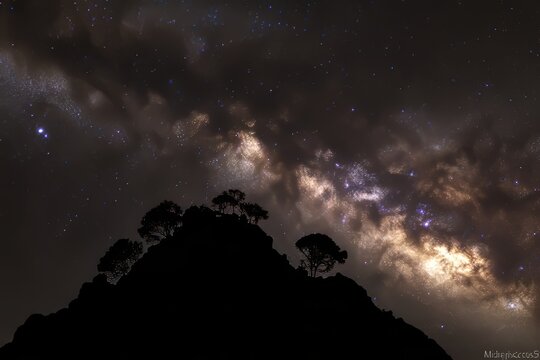 Stars illuminate the night sky over a silhouette of trees on a mountain peak