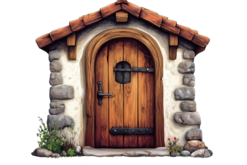 Enchanted Cottage Door Whimsical Wood Entry Stone Walls Fairy Tale Home on transparent background