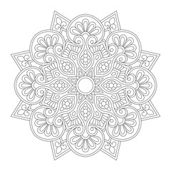 Contour drawing of a mandala on a white background coloring book page, vector file