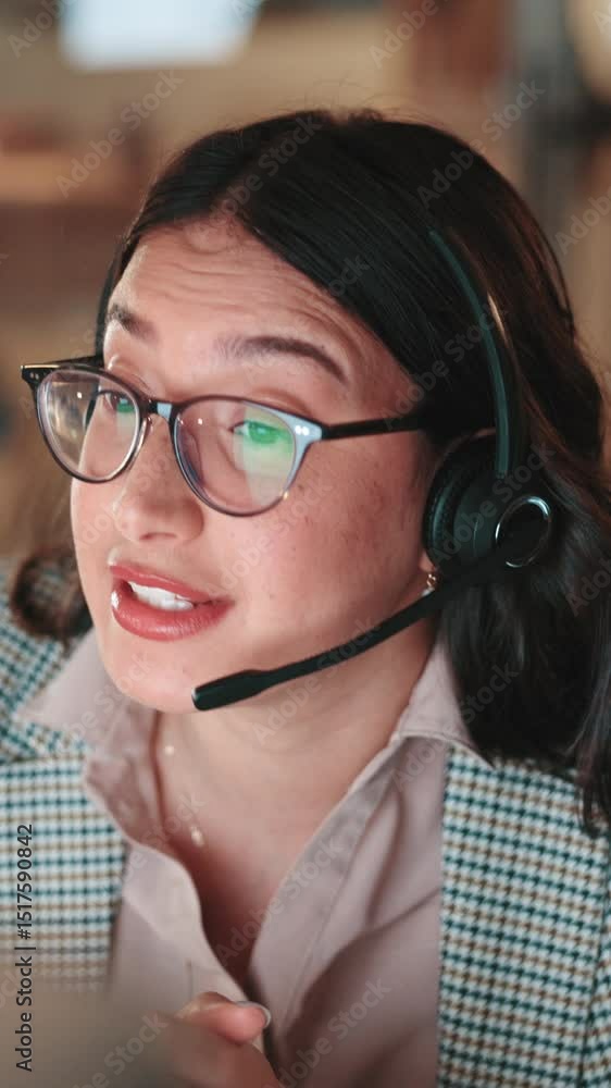 Poster agent, woman and talking in call center night shift for chat, sales consulting and loan help. faq, f