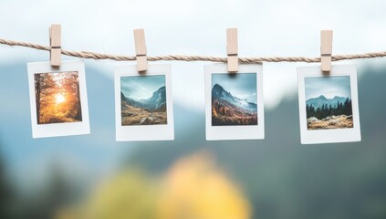 Four landscape photographs, clipped to a twine line, hang against a blurred natural background.  The photos depict diverse scenes, suggesting a journey or collection of memories