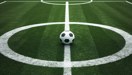 Obraz premium Black-and-White Soccer Ball at the Center of a Green Field, Illuminated by Sunlight