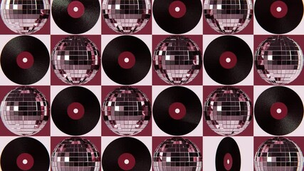 Summer 3D horizontal loop animation background textured poster disco ball metallic vinyl album record cherry red pink girly groovy vintage retro music sound song advertisement vibe trend cartoon dance