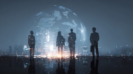 Global Business Team Silhouettes Modern Cityscape Night Digital Art Global Network Technology Innovation Future Businesspeople Success Professionals Corporate Teamwork             