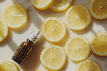 Lemon slices and essential oil bottle on marble background sunlight illuminating the scene