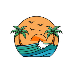 Naklejka premium Tropical island vector illustration with palm trees and a serene summer beach sunset