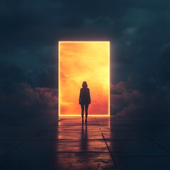 Silhouetted Person Standing in Front of a Giant Glowing Portal in a Dark Space, silhouette of a woman standing on a door