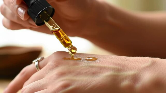 Golden serum application: hand skincare with droplet precision across frames