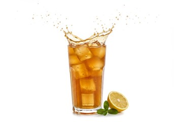 Fototapeta premium Refreshing Iced Tea Splash with Lemon and Mint Against White Background