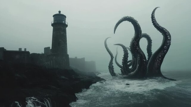 Dramatic sea monster attacking lighthouse on a foggy day creating a cinematic scene
