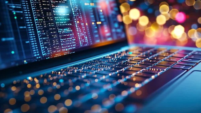 Close-up laptop displaying code, keyboard in focus. Bokeh lights in background