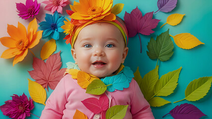 Little baby girl with flower and autumn leaves costume